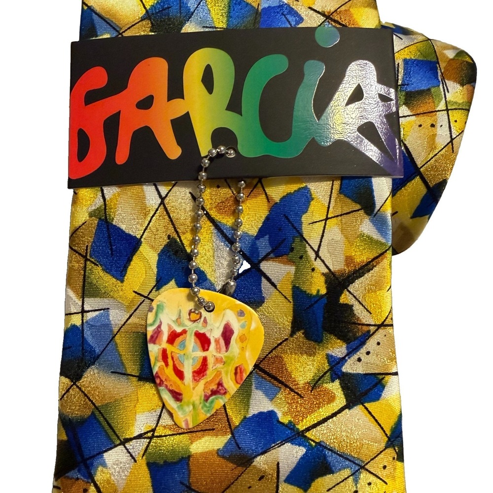 Vtg Jerry Garcia Silk Tie w/ Guitar Pick ** NWT**Abstract Yellow grew Blue